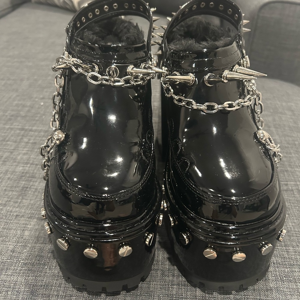 Patent Leather Spiked Platform Mules-Widow